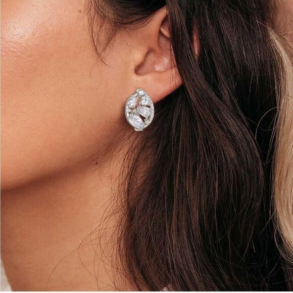 Silver with White Diamond Cubic Zirconia Post French Clip Oval Drop Earrings